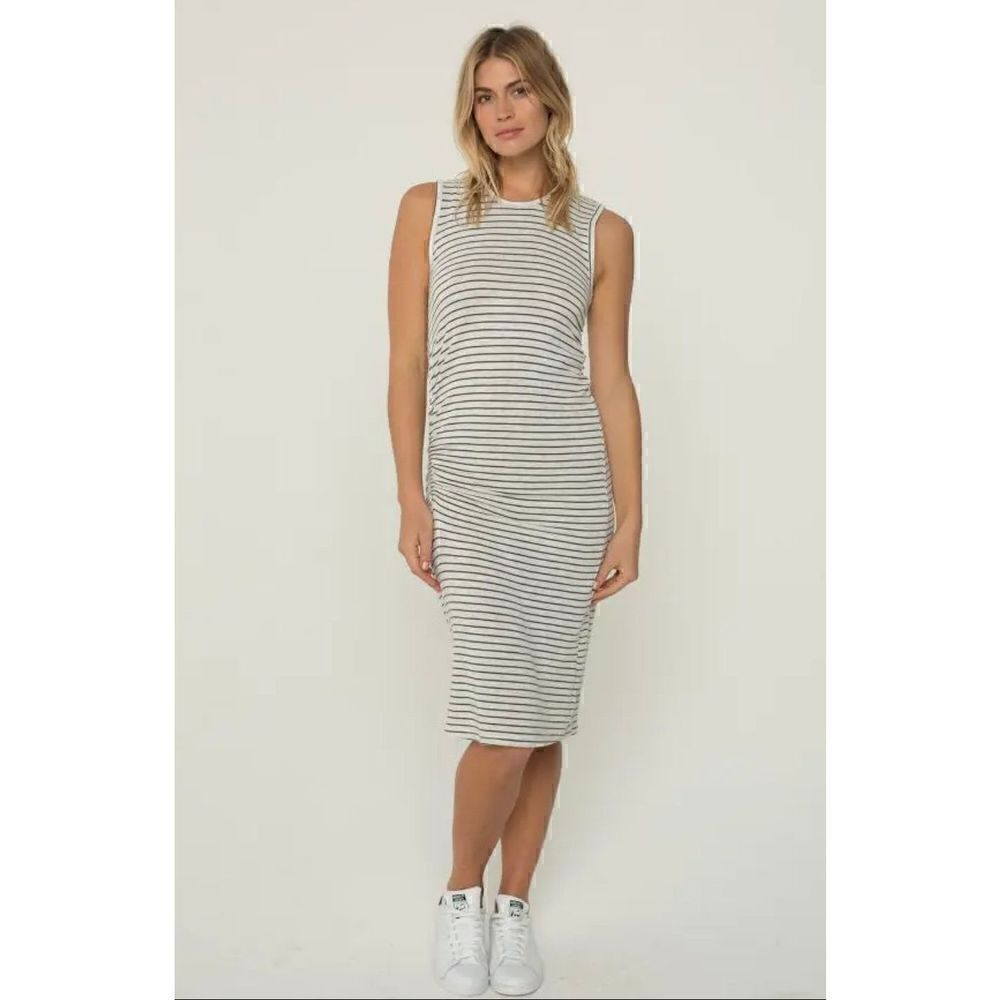 Monrow Supersoft Pinstripe Asymmetrical Shirred Midi Dress Size M Ash Pinstripe